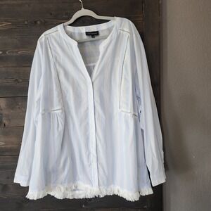 Lane Bryant Womens Shirt 24 White Blue Stripes Button Front Fringe Hem Top Sheer